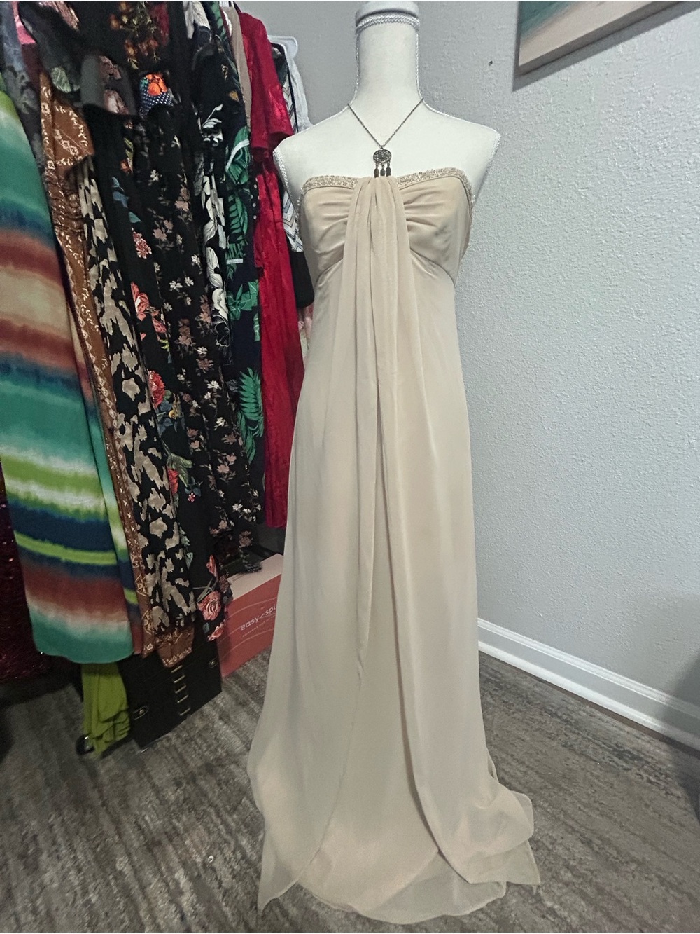 David's Bridal Strapless Cream Chiffon Draped Evening Gown